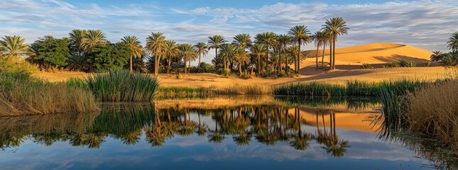 Fototapeta premium Serene oasis reflecting in a calm desert lake at sunset. Palm trees line the tranquil water's edge, creating a picturesque scene of natural beauty and serenity.