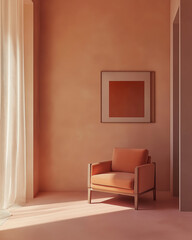 Minimalist interior design of modern living room. Stylish modern room featuring a pink armchair, abstract orange wall art and minimalist decor with natural light.