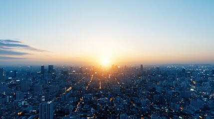 Fototapeta premium Captivating Sunrise Over a Bustling City Skyline, Showcasing Urban Life and the Beauty of Nature Blending with Man-Made Structures in a Vibrant Metropolis