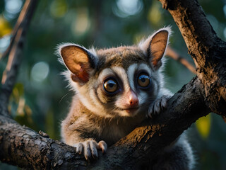 Naklejka premium A cute, wide-eyed bush baby climbs a tree at dusk, with its large eyes reflecting the fading light for a soft, enchanting effect.