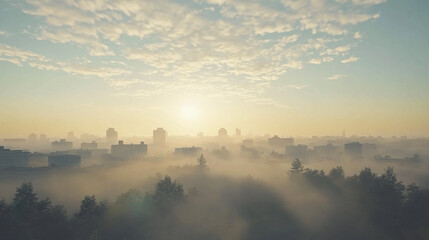 Fototapeta premium Misty City Sunrise Urban Skyline Foggy Morning