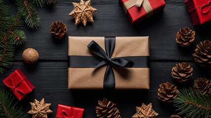 a christmas gift with a red bow on a wooden background