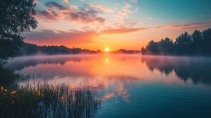 Fototapeta premium Serene sunrise over misty lake reflecting vibrant colors.