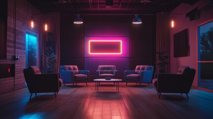 High-end studio interior featuring five cozy armchairs and a glowing neon podcast sign, with a polished wood floor and subtle lighting