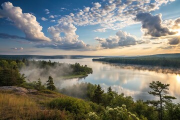 Obraz premium a picturesque lake scene at sunrise with mist rising from the lake's surface amidst fluffy white clouds, clouds, peaceful
