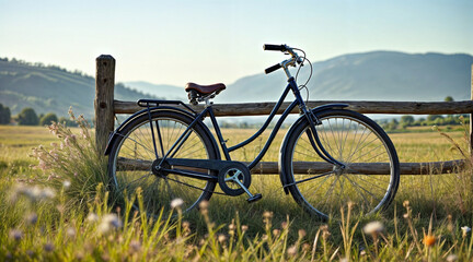 Fototapeta premium A vintage bicycle leaning against a rustic wooden fence in a sunlit countryside. Wildflowers in bloom surround the bike, and distant rolling hills stretch under a bright blue sky.