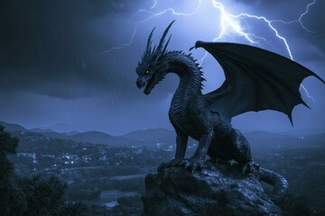 A majestic dragon watches over the landscape during a stormy night. AI.