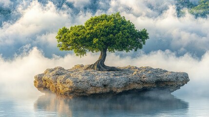 Fototapeta premium A solitary tree on a rocky island surrounded by misty water creates a serene landscape.