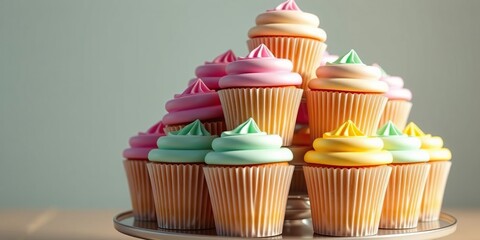 A stack of colorful cupcakes with thin lines separating each one arranged on a tiered stand, food, baking, kitchen
