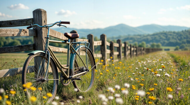 A vintage bicycle leaning against a rustic wooden fence in a sunlit countryside. Wildflowers in bloom surround the bike, and distant rolling hills stretch under a bright blue sky. - Powered by Adobe