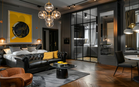 OUTIQUE HOTEL living dining fusion style between cottage and nordic, yellow accents, kelly hoppen style 