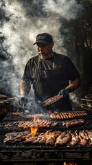 Fototapeta premium Smoked Delights: A seasoned pitmaster carefully tends to a rack of succulent ribs over an open flame, the smoky ambiance adding to the scene's captivating allure.