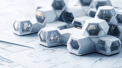 Hexagonal modular home cluster on futuristic blueprint paper, 