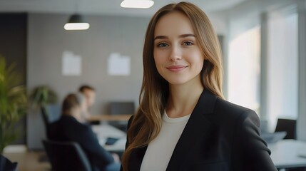 Fototapeta premium Happy professional business teacher after corporate training class for team of workers. Beautiful young woman in suit jacket standing in office conference room, looking at camera and smiling