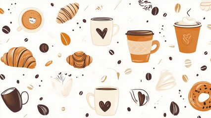 Obraz premium Scattered minimal doodles of coffee cups and croissants in warm beige and brown hues, cozy and inviting