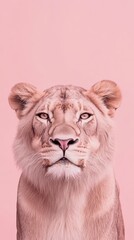 Obraz premium Lioness in Pink: A powerful and captivating portrait of a lioness against a vibrant pink background. Her piercing gaze and regal demeanor exude strength and grace. 