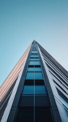 A low-angle shot captures the sleek, modern design of a triangular skyscraper piercing a clear blue sky. 