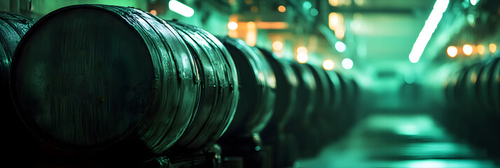 Sealed barrels marked with radiation symbols in a dimly lit storage facility