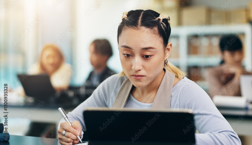 Poster Tablet, studying and woman in college lab for science lecture with notes for exam or test. Digital technology, education and Japanese female student with biology research for university assignment.