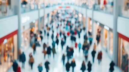 Fototapeta premium Festive holiday shopping frenzy with crowds of consumers browsing and hunting for deals and discounts in a busy retail store decorated with festive sales signs and promotions