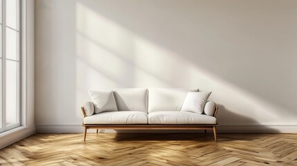 White sofa in minimalist room with wooden floors and sunlit wall. Ideal for interior design, home decor, and real estate websites.