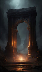 Fototapeta premium A mysterious, glowing gateway surrounded by dark, swirling mist and subtle embers, hinting at an infernal realm beyond without overt violence.