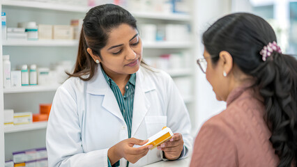 Obraz premium Close up - Professional Indian female pharmacist giving prescription medications to patient customers at drugstore shelves