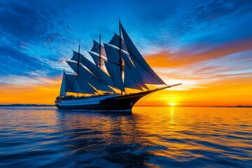 Obraz premium A majestic clipper ship with towering sails, sailing on open waters under a dramatic sunset sky