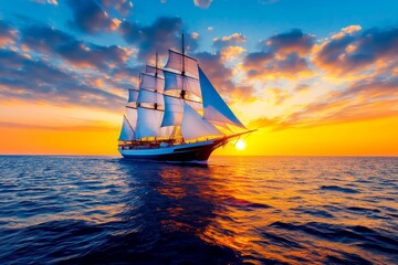 Obraz premium A majestic clipper ship with towering sails, sailing on open waters under a dramatic sunset sky