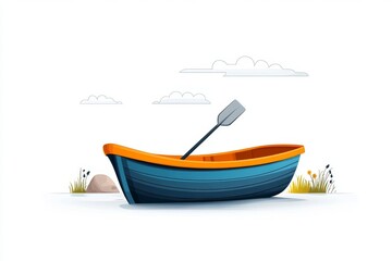 Fototapeta premium A modern flat design of a colorful rowboat, with a simple oar drawn beside it on a white background