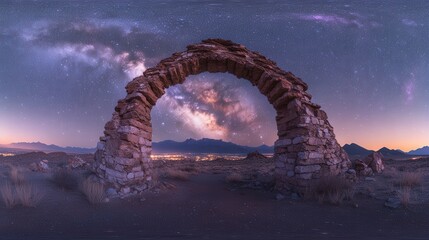 Fototapeta premium A stunning night view of a stone arch against a starry sky and distant city lights.