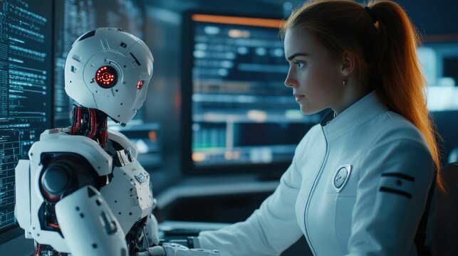 Female Robotics Engineer Assembling a Sophisticated Robot in a Cutting Edge Futuristic Workspace Showcasing Her Technical Brilliance and Expertise in the Field of Robotics and Advanced Automation