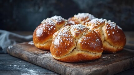 Freshly Baked Sweet Buns with Sugar Dust on Rustic Wooden Board, Perfect for Bakery and Culinary Themes, Ideal for Food Photography and Delicious Desserts