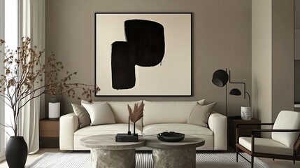 Modern composition of japandi interior with design beige sofa, natural colors paintings, stone tables, stylish furniture, decoration and personal accessories. Home decor. Template.