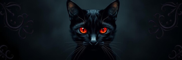 A black cat with striking red eyes sitting in the center of an elaborate, ornate design, halloween, decorative