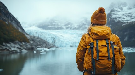 A woman admires an impressive glacier, reflecting the beauty of nature and the importance of preservation.