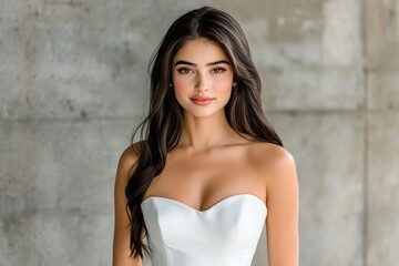 Fototapeta premium A stylish modern bride posing in an industrial-style venue, with dramatic lighting and chic minimalist decor