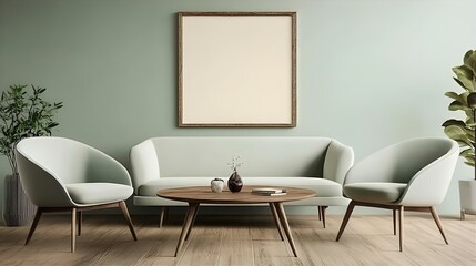Fototapeta premium A stylish and serene modern living room mockup, showcasing a light sage green color palette, a neutral wooden coffee table, and comfortable armchairs