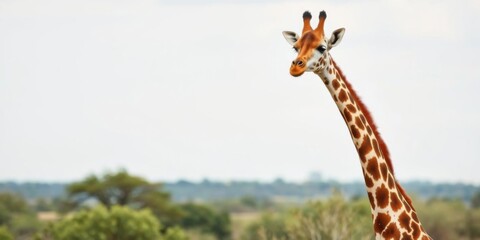Obraz premium A close-up shot of a giraffe's head peering directly at the camera, against a vibrant yellow background, safari, animal