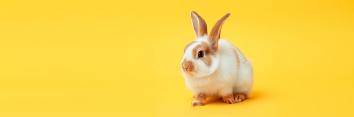 Obraz premium A close-up of a tiny rabbit on a vibrant yellow background, zoology, studio shot