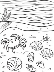 Crab Shells Footprints Beach Scene Coloring Page