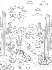 Desert Landscape Featuring Lizard and Smiling Sun