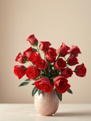 Naklejka premium A bouquet of red roses in a delicate pink vase, scented gifts, flowers