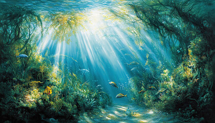 Fototapeta premium Underwater kelp forest illuminated by sunlight