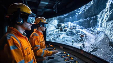A team meeting in a control center using digital maps and AR technology to plan operations in a mine
