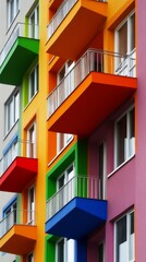 Obraz premium Vibrant Apartment Building: A colorful, modern apartment building with balconies in a variety of colors, showcasing architectural design and urban living. 