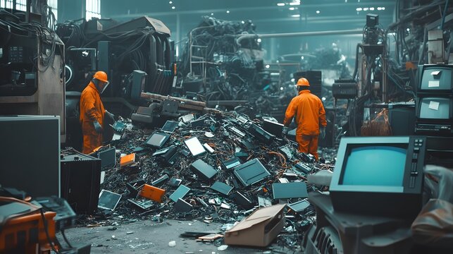pile of outdated electronics, including broken smartphones, computers, and wires, sits in a large open-air recycling center