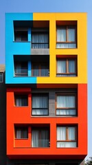 Obraz premium Vibrant Facade: A contemporary building with a striking color scheme of blue, yellow, red, and gray. The bold, geometric design stands out against the clear blue sky.