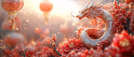 A striking golden dragon entwined in red flowers and intricate lanterns, perfect for Chinese New Year 2025 celebrations, cultural events, and festive designs.