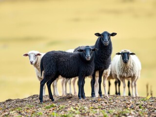 Obraz premium A lone black sheep stands confidently in the midst of a row of white sheep, symbolizing individuality and nonconformity, different, nonconformity